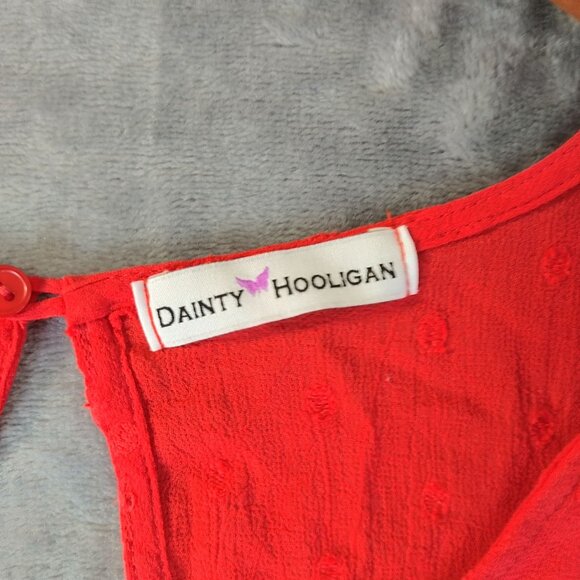 Dainty Hooligan Womens Tie Front Eyelit Top M Red Ruffle Sleeve Keyhole Romantic - Picture 6 of 10